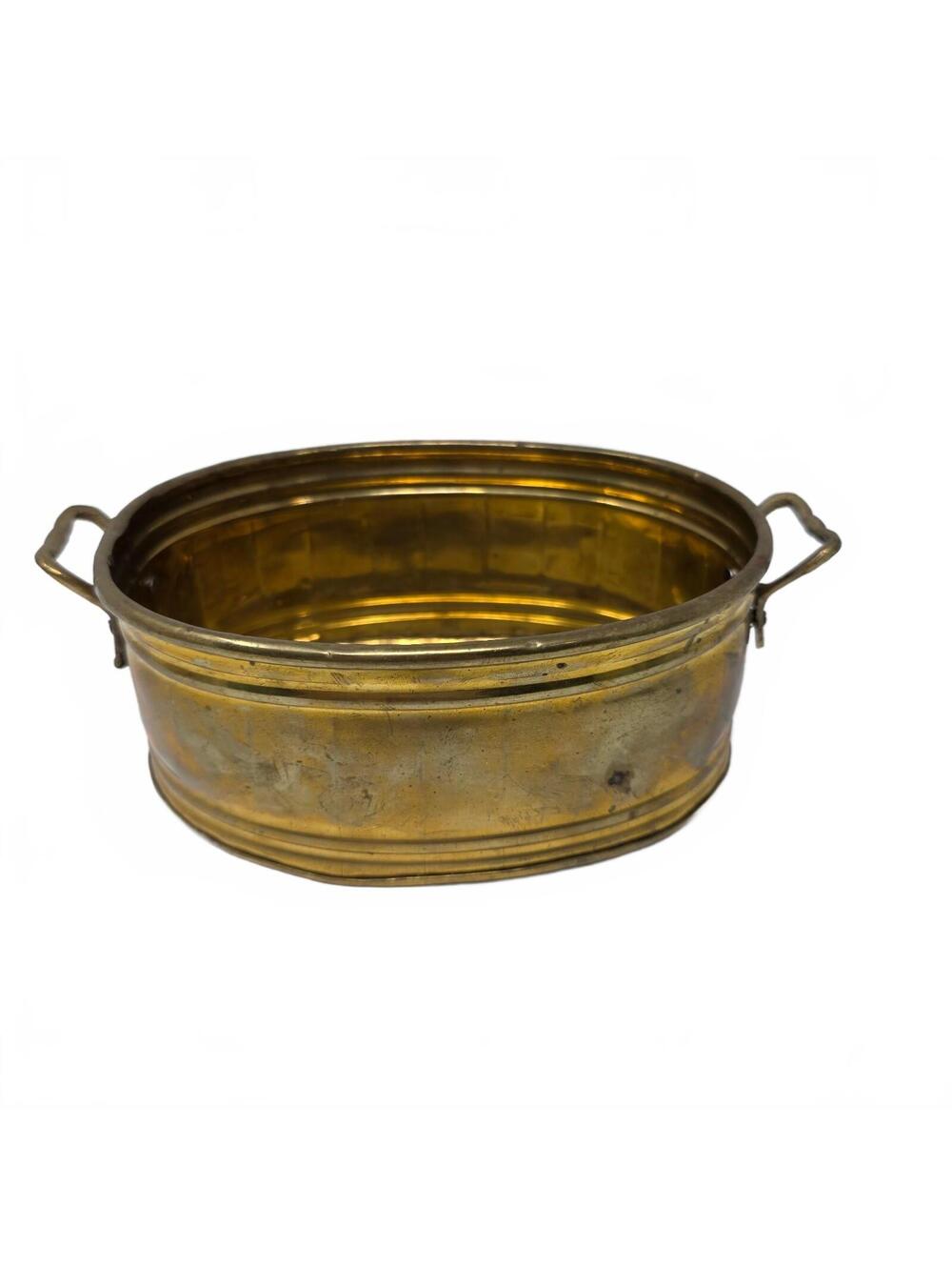 Vintage Brass Oval Planter Bowl Handled Cachepot Ribbed Decor 8 Inch
